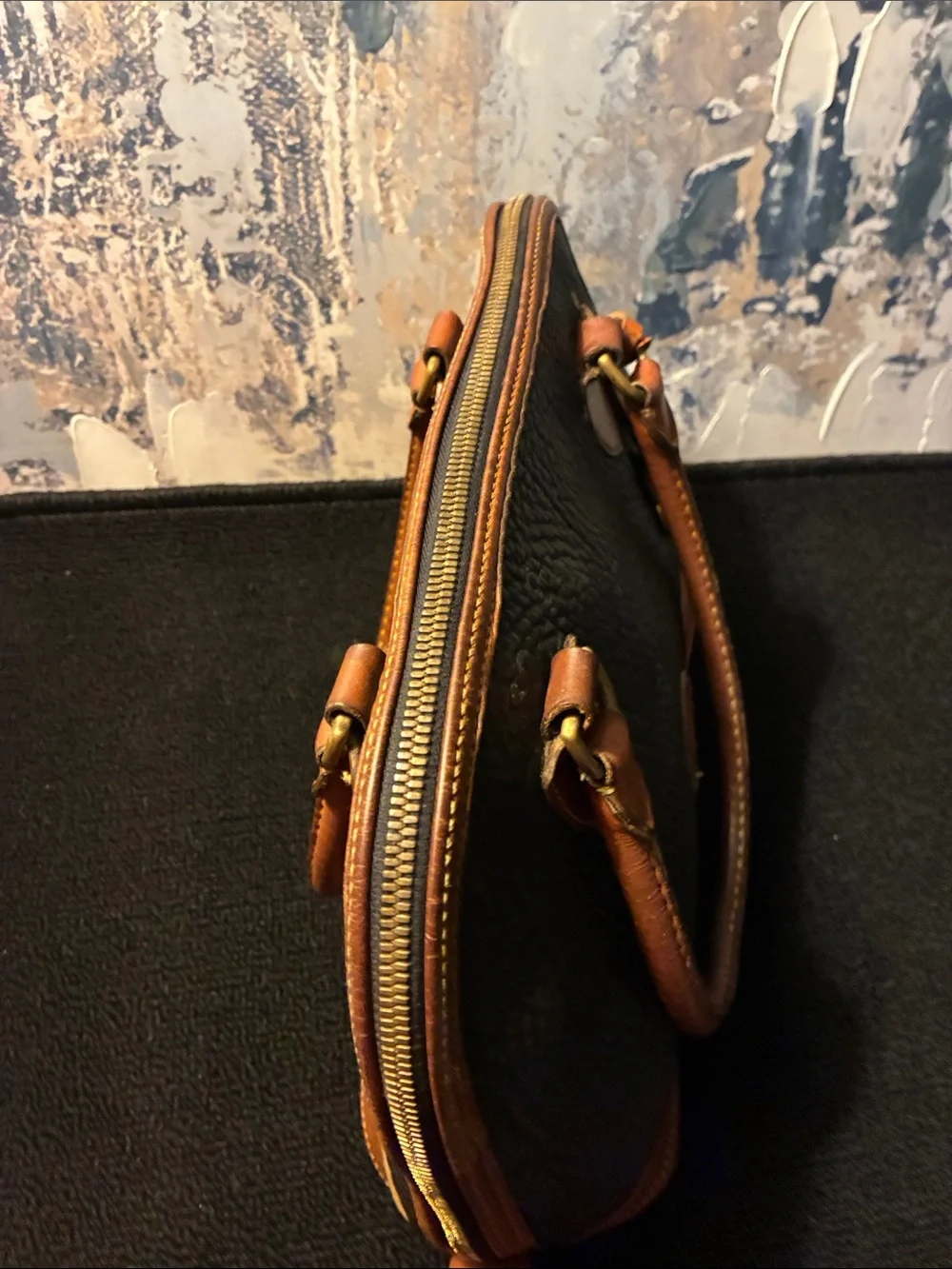 Vintage 1990s Dooney & Bourke Black with Brown Trim Pebbled Leather Satchel